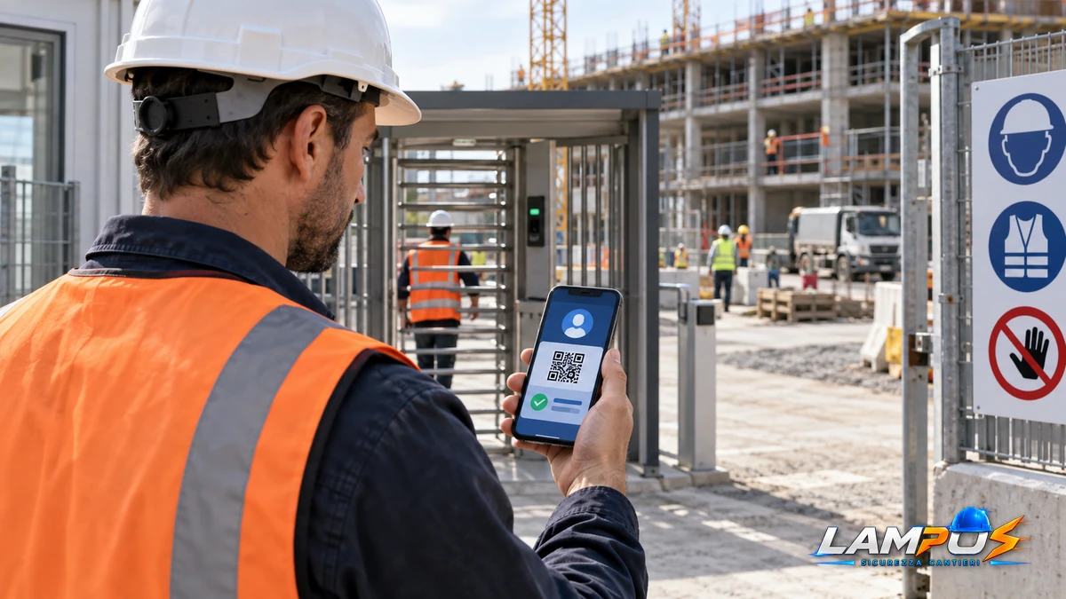 Un operaio avvicina il telefono al lettore del tornello all'ingresso di un cantiere, con un tesserino digitale sullo schermo