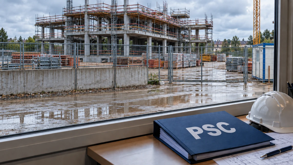 Un cantiere fermo visto dalla finestra dell’ufficio: ponteggi, gru e piazzale bagnato oltre la recinzione; sul davanzale un raccoglitore con la scritta PSC, un elmetto bianco e i disegni